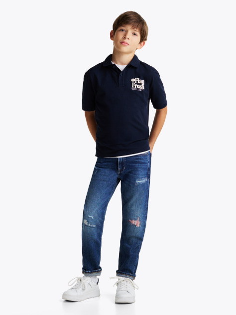 Blue Tricou Polo Regular Cu Slogan Pe Spate  Baieti