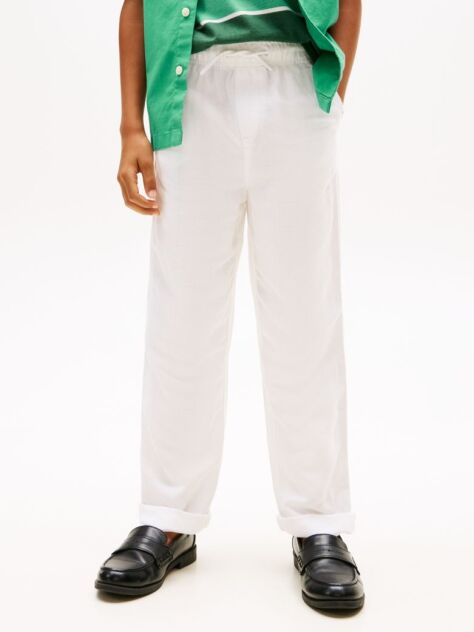 White Linen Blend Drawstring Trousers  Boys