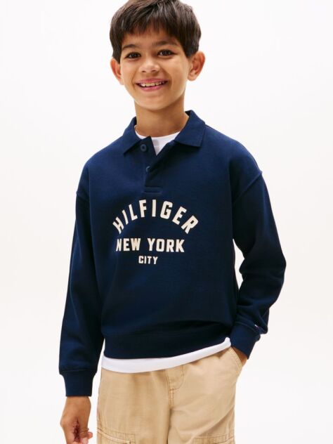 Blue Tricou Sweatshirt Cu Guler Polo Si Grafica Curbata  Baieti