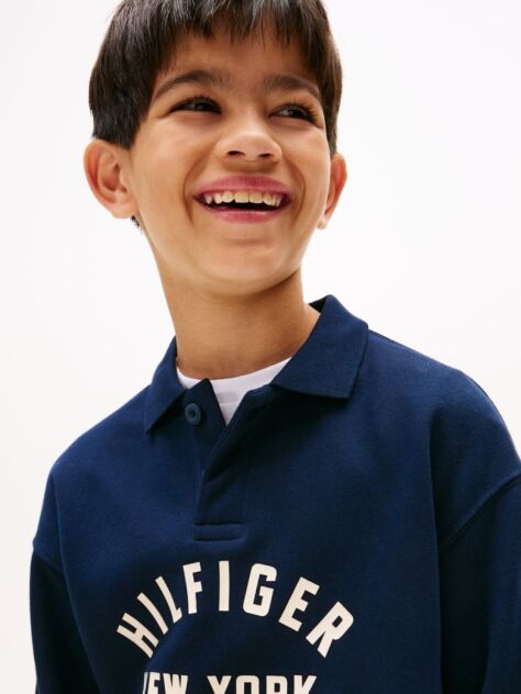 Blue Tricou Sweatshirt Cu Guler Polo Si Grafica Curbata  Baieti