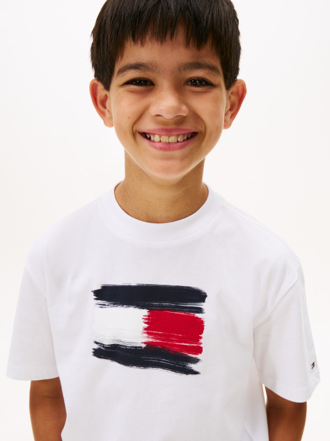 Alb Tricou Cu Guler Rotund Si Steagul Hilfiger  Baieti