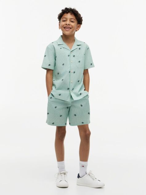 Green Ithaca Stripe Logo Embroidery Short Sleeve Shirt  Boys