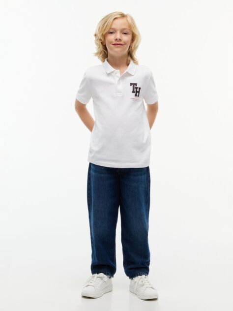 Alb Polo Pique Cu Croiala Regular Si Logo  Baieti