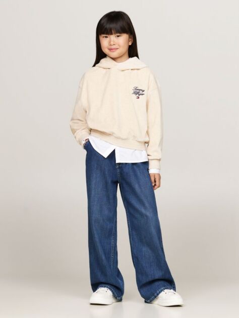 Bej Hanorac Cu Gluga Si Logo Script  Din Velour  Fete