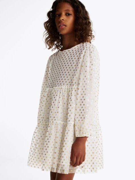 White Metallic Star Mesh Flare Dress  Girls