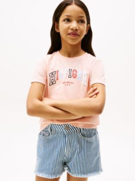 Roz Tricou Cu Guler Rotund Si Logo Varsity  Fete