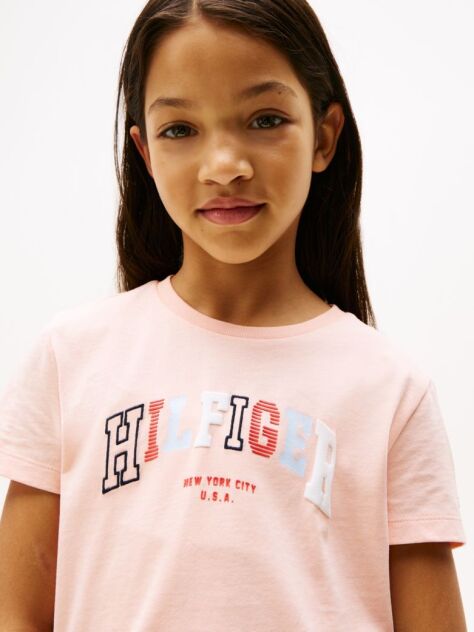 Roz Tricou Cu Guler Rotund Si Logo Varsity  Fete