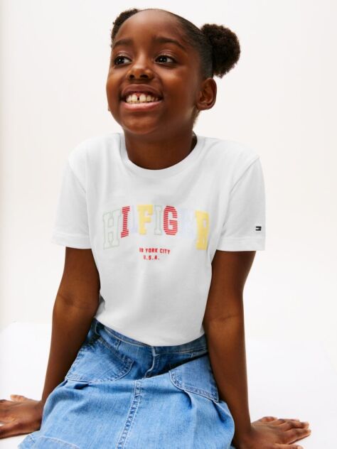 Alb Tricou Cu Guler Rotund Si Logo Varsity  Fete