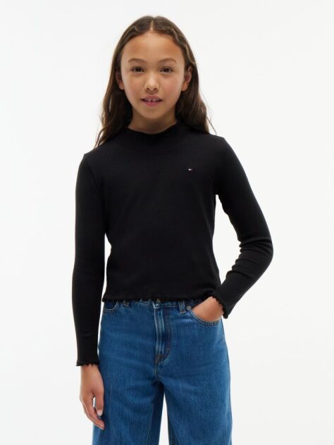 Black Ribbed Extra Slim Mock Neck Top  Girls