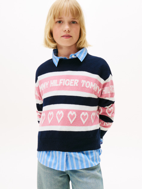 Blue Pulover Relaxat Cu Model Intarsia Si Logo Repetat  Fete