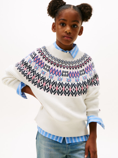 Bej Pulover Relaxat Cu Maneca Bufanta Si Model Fair Isle  Fete