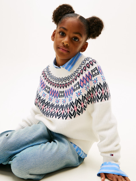 Bej Pulover Relaxat Cu Maneca Bufanta Si Model Fair Isle  Fete