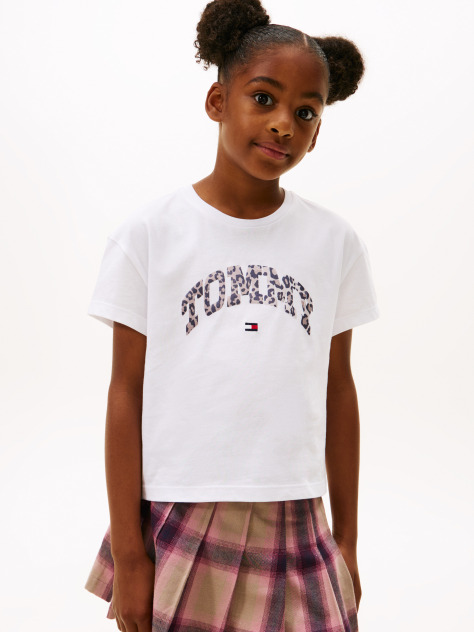 Alb Tricou Varsity Din Sateen Cu Print Leopard Si Logo  Fete