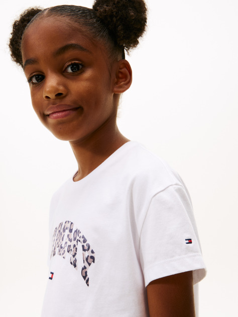 Alb Tricou Varsity Din Sateen Cu Print Leopard Si Logo  Fete