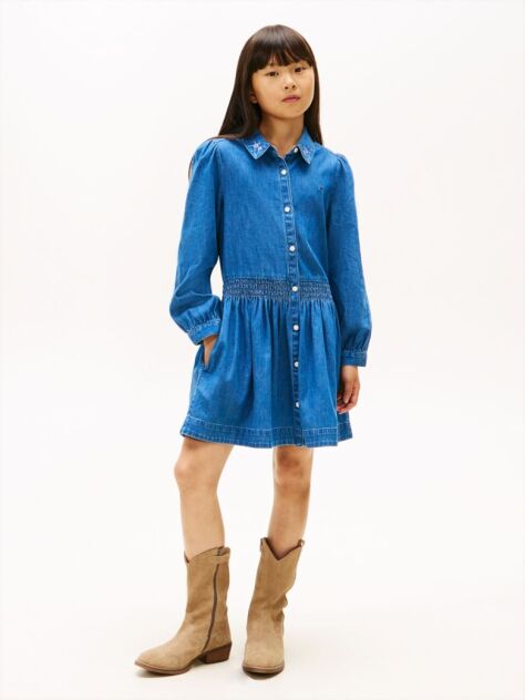 Denim Rochie Denim Cu Maneca Lunga Si Broderie Florala  Fete
