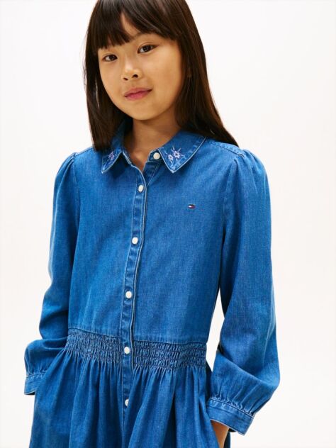 Denim Rochie Denim Cu Maneca Lunga Si Broderie Florala  Fete