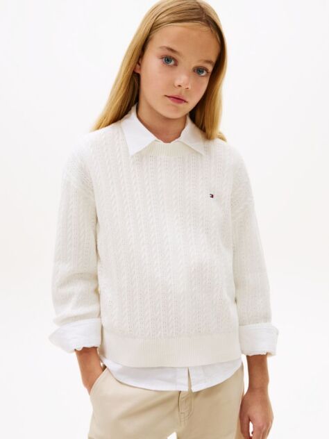White Pointelle Cable Knit Relaxed Jumper  Girls