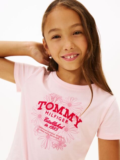 Pink Floral Flock Logo Slim T-Shirt  Girls
