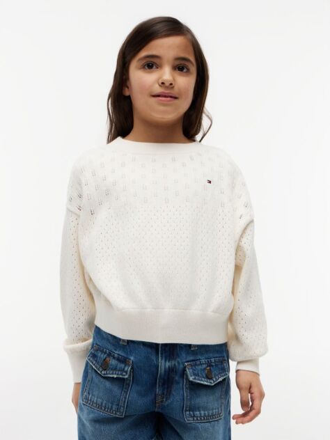 Beige Pointelle Relaxed Balloon Sleeve Jumper  Girls