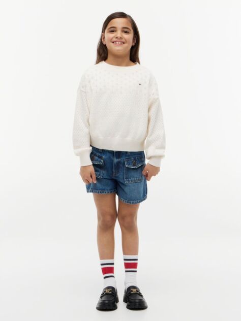 Beige Pointelle Relaxed Balloon Sleeve Jumper  Girls