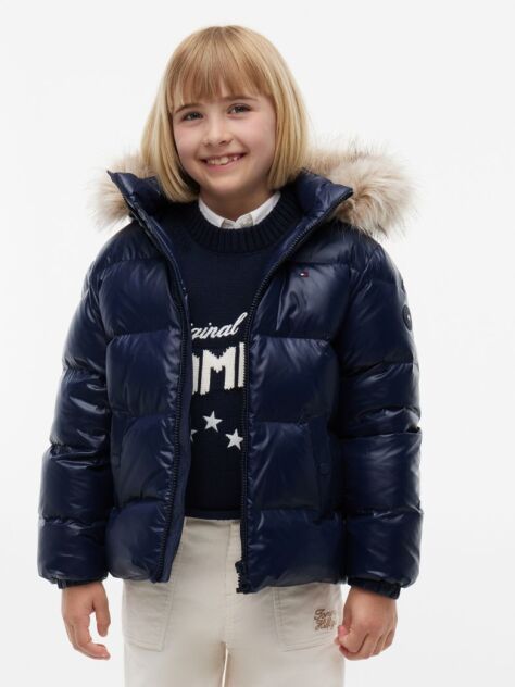 Blue Essential Faux Fur Trim Down Jacket  Girls