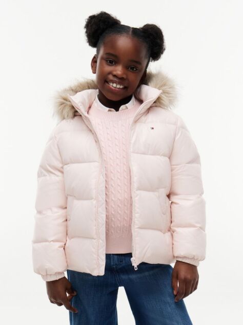 Pink Essential Faux Fur Trim Down Jacket  Girls