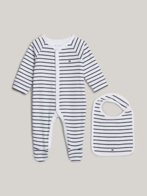 Multi Cutie Cadou Cu Salopeta Si Bavetica Rib-Knit Cu Dungi  Nou nascuti