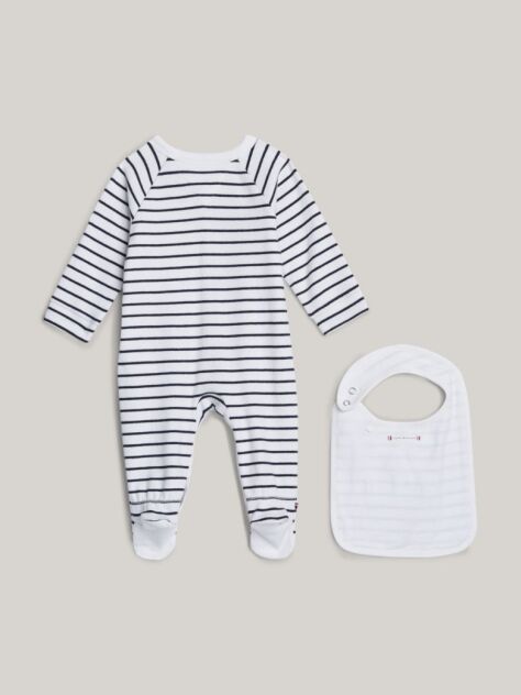 Multi Cutie Cadou Cu Salopeta Si Bavetica Rib-Knit Cu Dungi  Nou nascuti