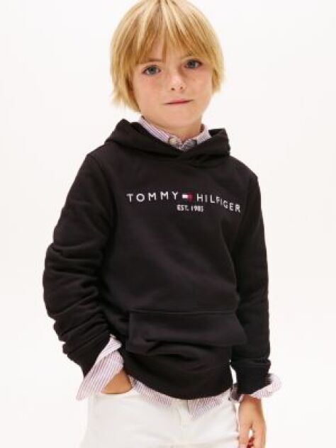 Black Essential Organic Cotton Hoodie With Logo  Kids Unisex