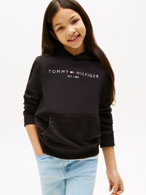 Black Essential Organic Cotton Hoodie With Logo  Kids Unisex