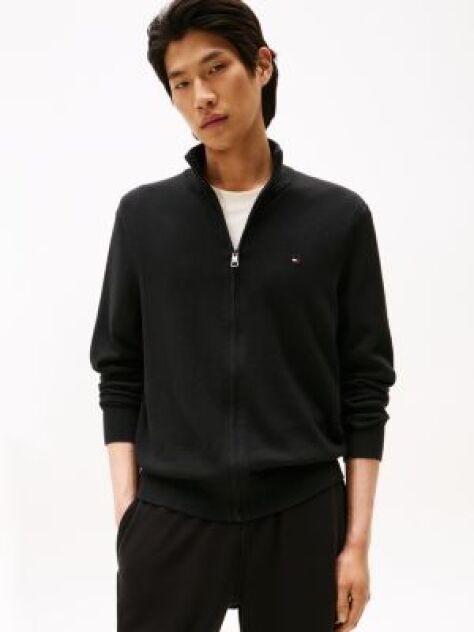 Negru Cardigan Din Bumbac Si Casmir Zip-Thru  Barbati
