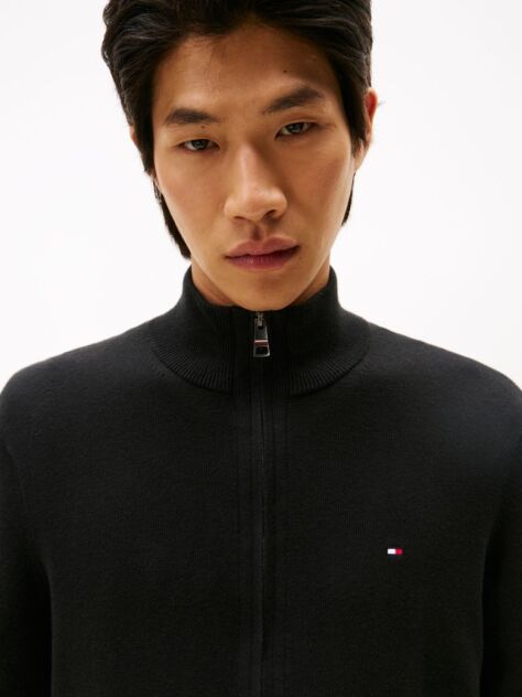Negru Cardigan Din Bumbac Si Casmir Zip-Thru  Barbati