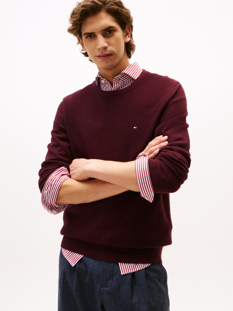 Red Crew Neck Textured Knit Jumper  Men