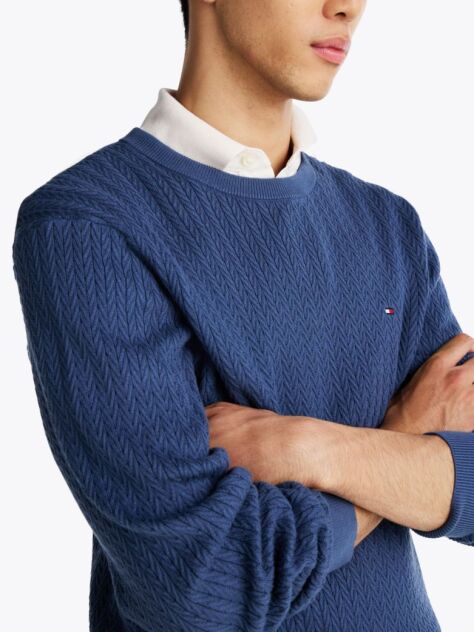 Blue Herringbone Knit Crew Neck Jumper  Men
