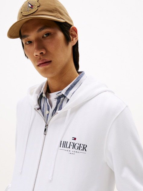 White Hilfiger Stacked Hooded Zip Thru  Men