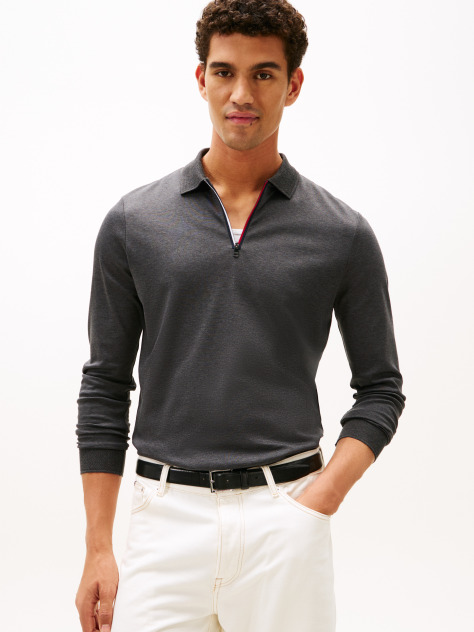 Grey Interlock Zip Long Sleeve Polo Shirt  Men