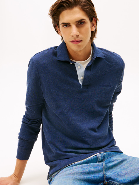 Blue Long-Sleeve Tonal Monotype Reglar Polo  Men