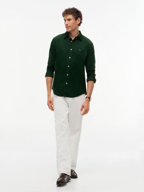 Green Regular Fit Flag Embroidery Corduroy Shirt  Men