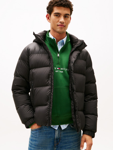 Black Water Repellent Down Hooded Puffer Jacket  Men