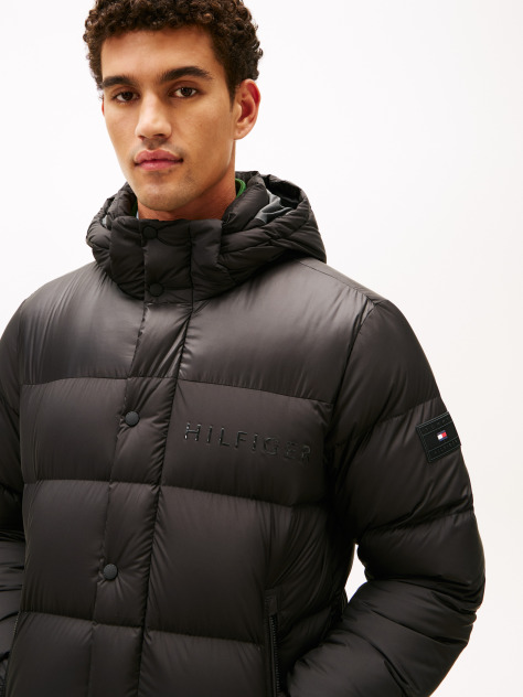 Black Water Repellent Down Hooded Puffer Jacket  Men