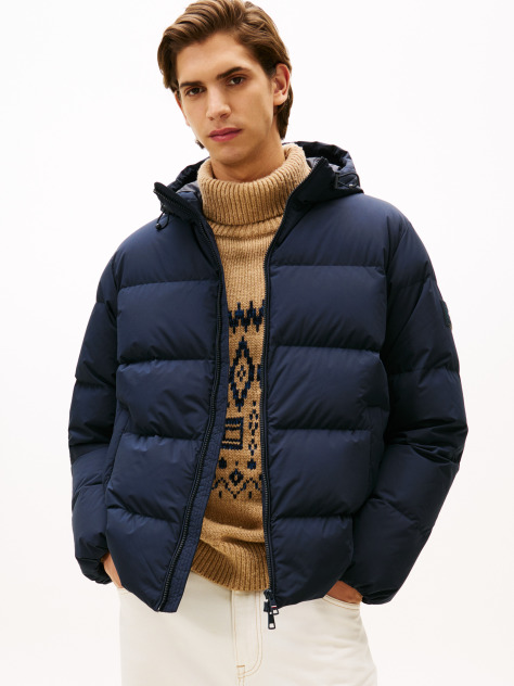 Blue Water Repellent Down Hooded Puffer Jacket  Men