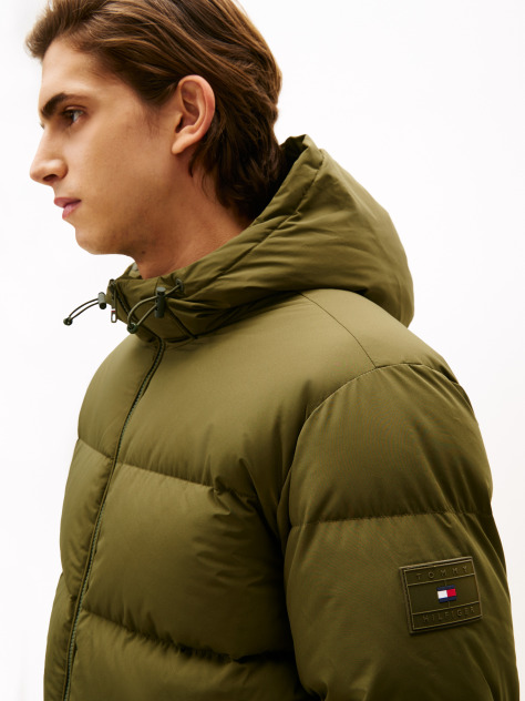 Green Water Repellent Down Hooded Puffer Jacket  Men