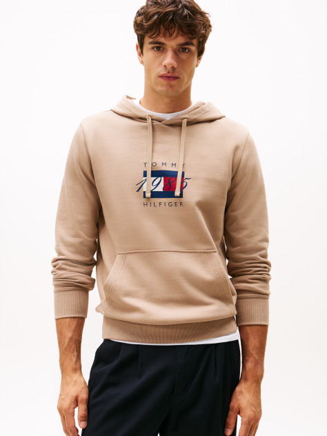 Beige Flag Graphic Drawstring Hoody  Men