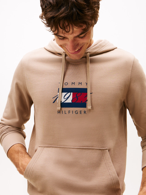 Beige Flag Graphic Drawstring Hoody  Men