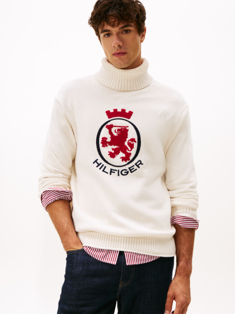 Bej Pulover Relaxat Intarsia TH Crest Cu Guler Rulat  Barbati