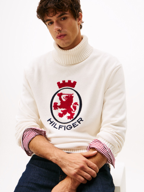 Bej Pulover Relaxat Intarsia TH Crest Cu Guler Rulat  Barbati