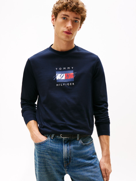 Blue Tricou Cu Maneci Lungi Din Jersey Cu Imprimeu Steag  Barbati