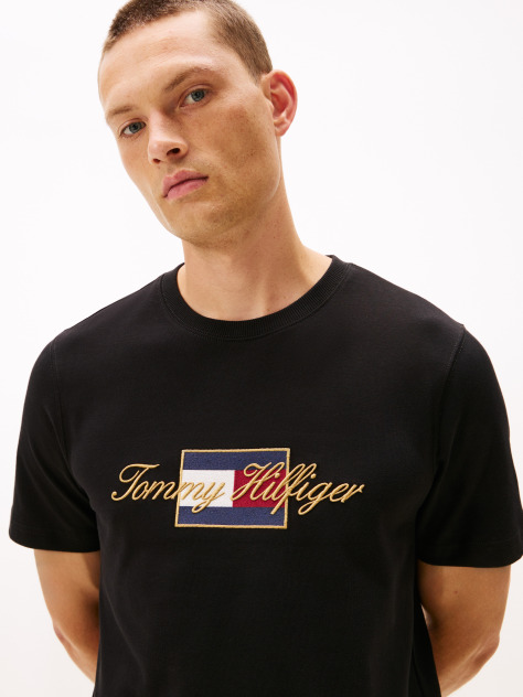 Negru Tricou Cu Guler Rotund Si Broderie Logo  Barbati