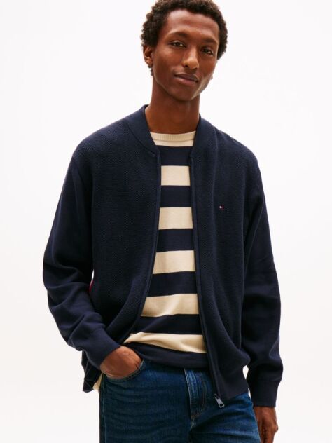 Blue Cardigan Cu Fermoar Si Broderie Cu Steag  Barbati