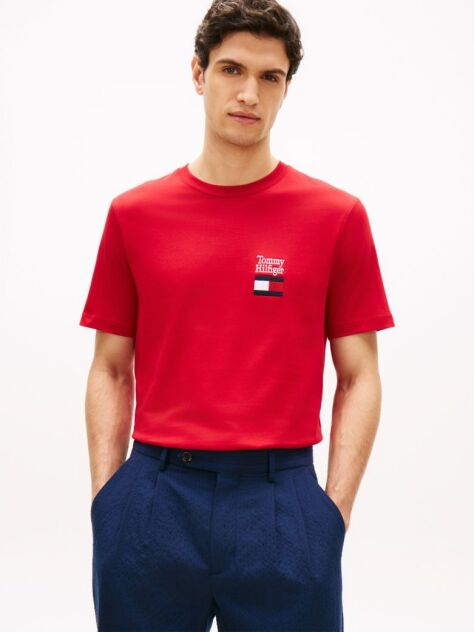 Rosu Tricou Cu Guler Rotund Si Logo Brodat  Barbati